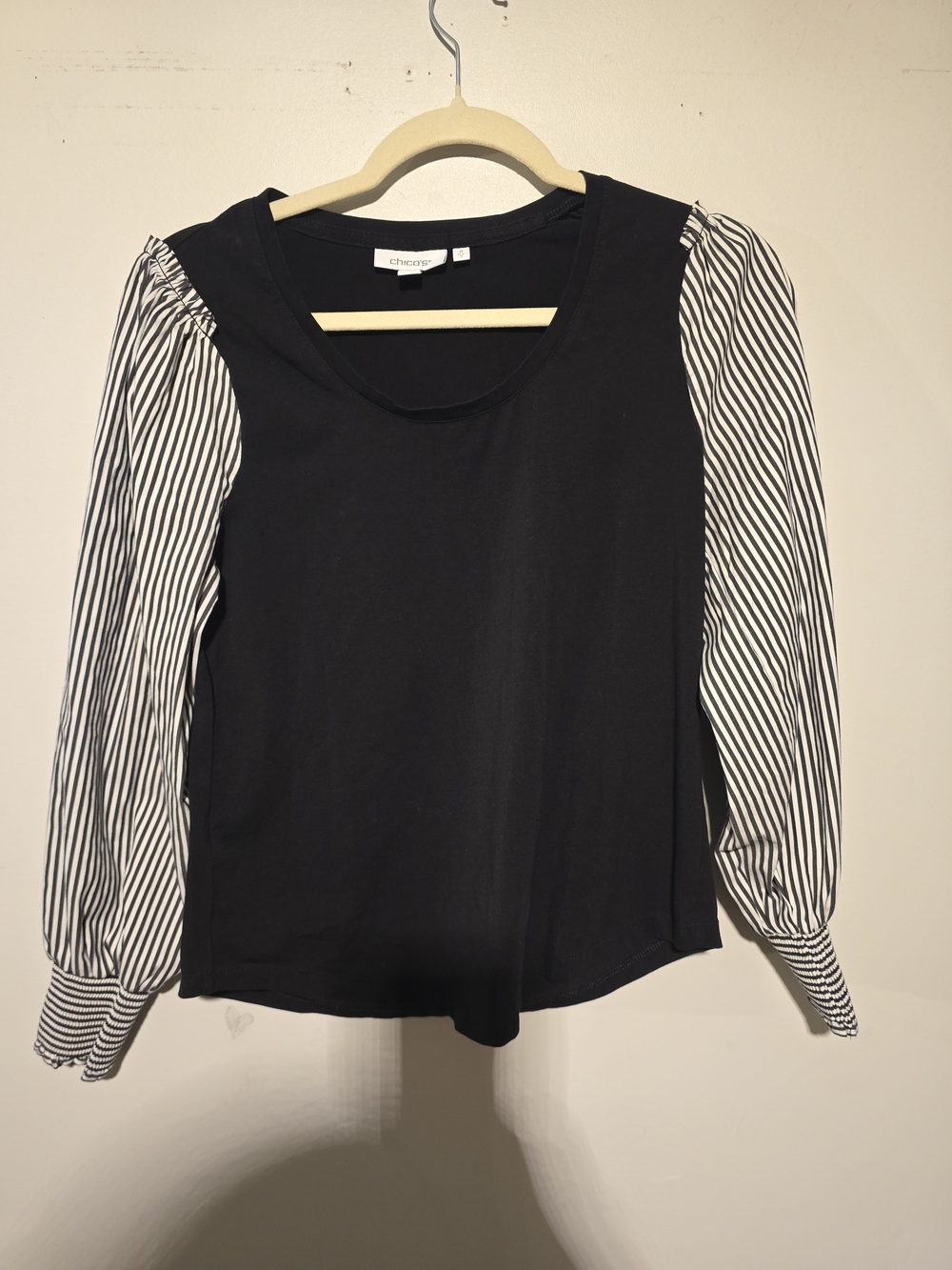 Chico's Black Top with Black-and-White Striped Puff Sleeves(S)